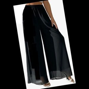 Black Mesh ( Lined) Wide Leg Palazzo Long Pants With Elastic Waist